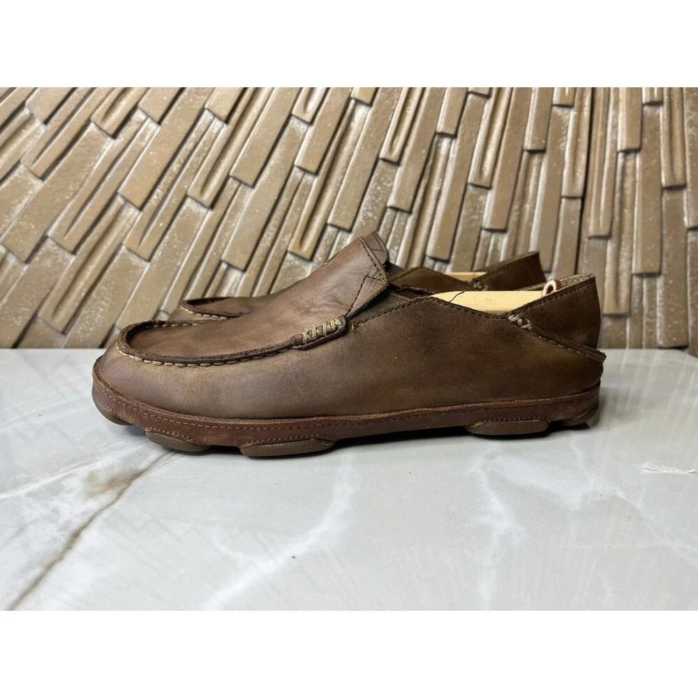 Olukai Moloa Men Leather Slip On Shoes Loafers Mules Slippers Sz 8.5 Brown
